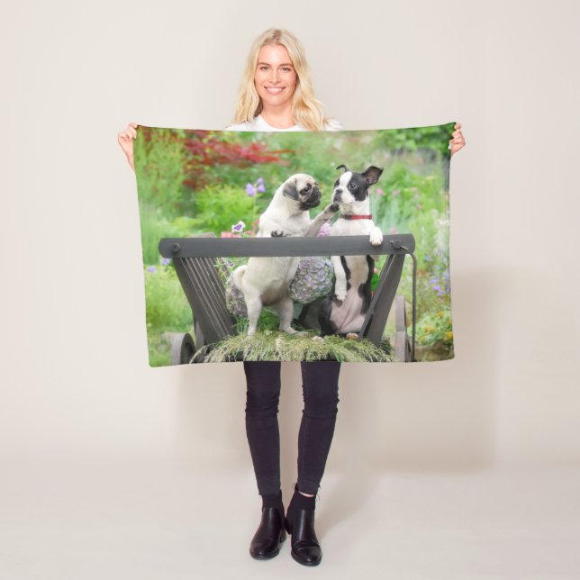 Two dogs a pug puppy and Boston Terrier in a cart Fleece Blanket (In Situ)