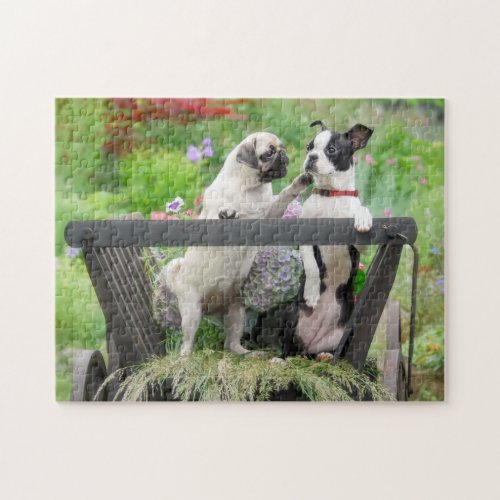 Two dogs a pug puppy and Boston Terrier in a cart Jigsaw Puzzle