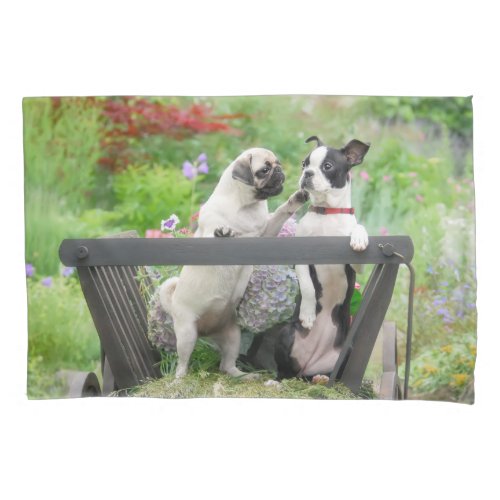 Two dogs a pug puppy and Boston Terrier in a cart Pillow Case
