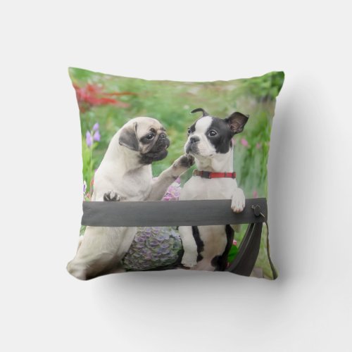 Two dogs a pug puppy and Boston Terrier in a cart Throw Pillow