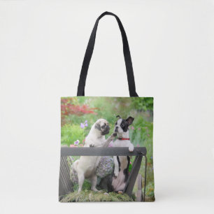 Two dogs a pug puppy and Boston Terrier in a cart Tote Bag