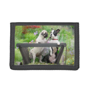 Two dogs a pug puppy and Boston Terrier in a cart Tri-fold Wallet