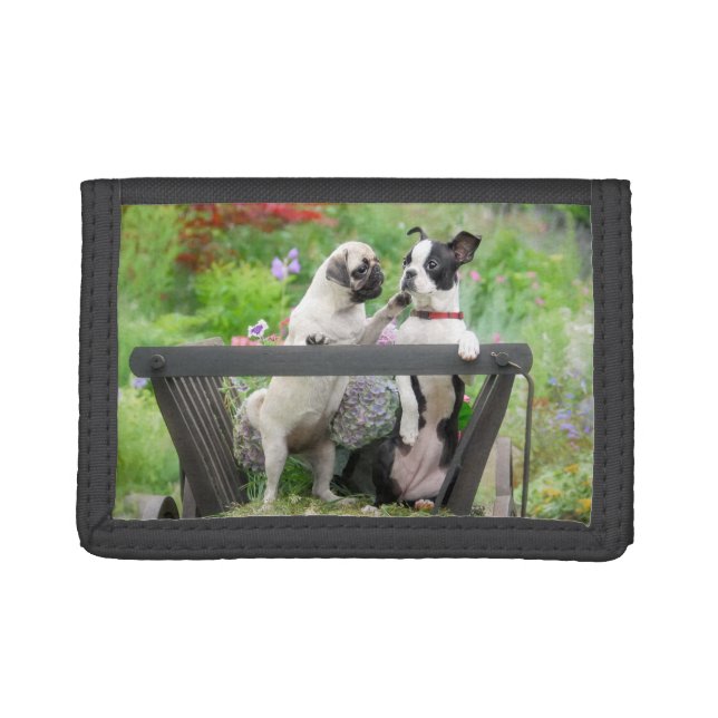 Two dogs a pug puppy and Boston Terrier in a cart Trifold Wallet (Front)