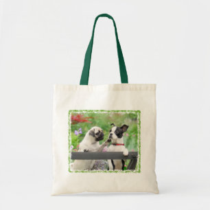 Two dogs a pug puppy and Boston Terrier together - Tote Bag