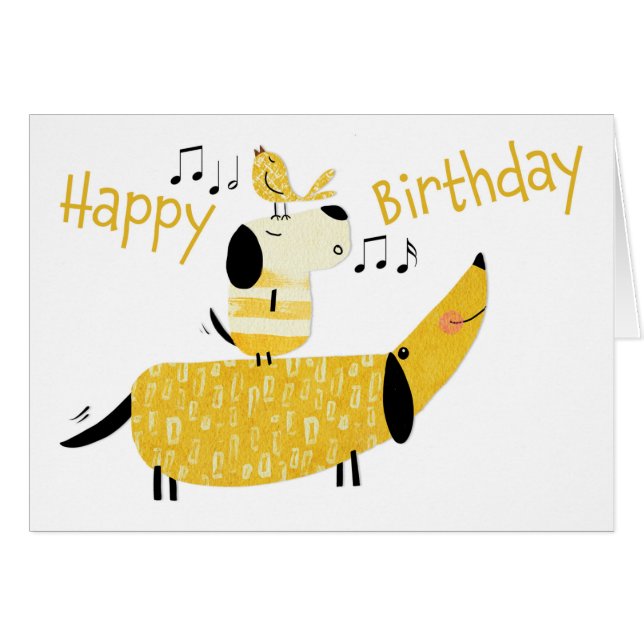 Two Dogs and a  Bird Singing Birthday Cards (Front Horizontal)
