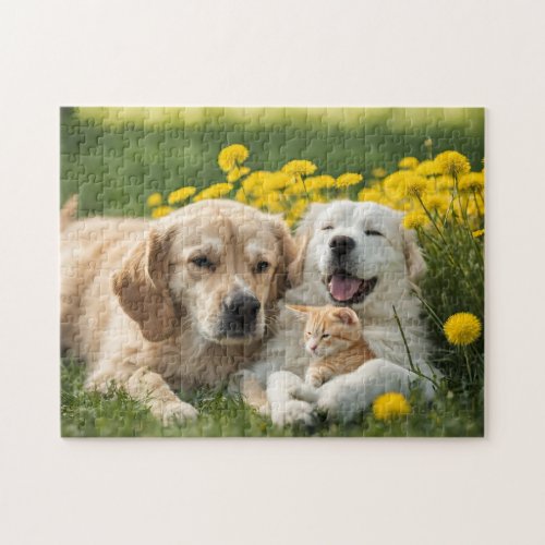 Two Dogs And Kitten Outdoors Jigsaw Puzzle