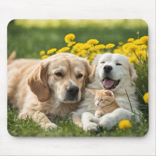 Two Dogs And Kitten Outdoors Mouse Pad