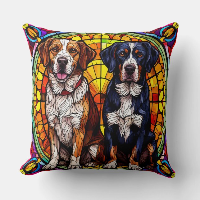 Two Dogs in a Stained-Glass Design Throw Pillow (Front)
