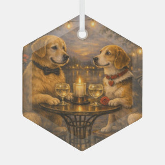 Two Dogs on a Cozy Date • Glass Hexagon Ornament
