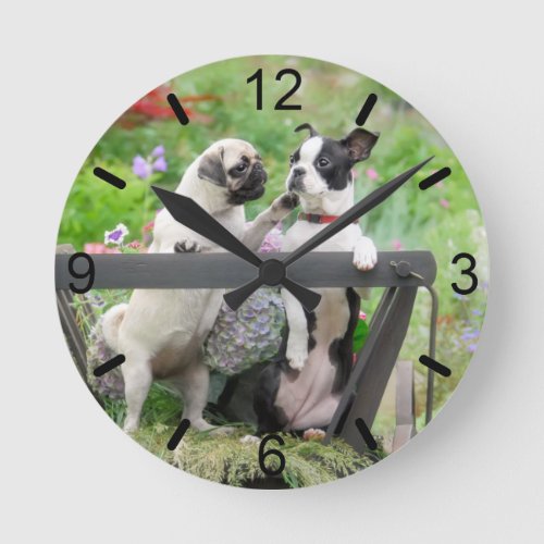 Two dogs pug puppy and Boston Terrier  dial_plate Round Clock