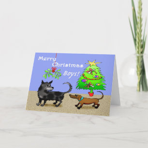 Two dogs sniffing backsides, with christmas tree. holiday card