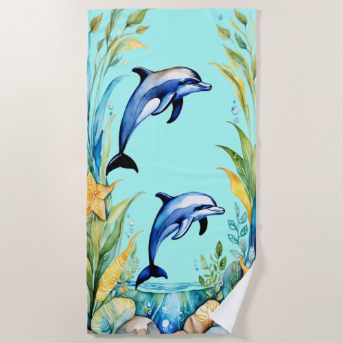 Two Dolphins Tropical Watercolor Ocean Beach Towel