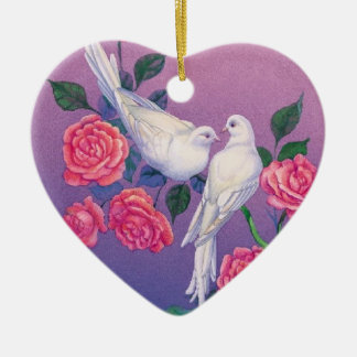 Two doves and flowers on a heart ceramic ornament