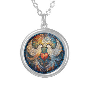 Two Doves Elegant Stained Glass Artwork Silver Plated Necklace