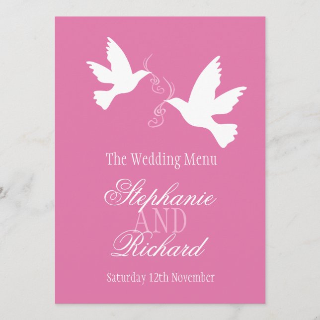 Two doves pink & white wedding dinner menu (Front)