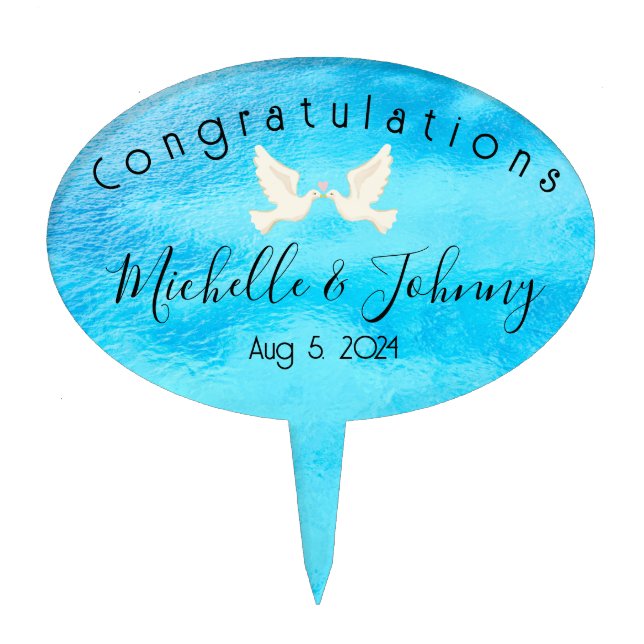 Two doves with pink heart on blue background cake topper (Front)