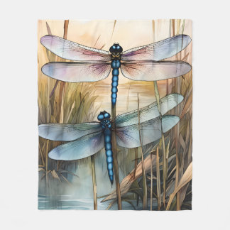 Two Dragonflies in the Reeds Fleece Blanket