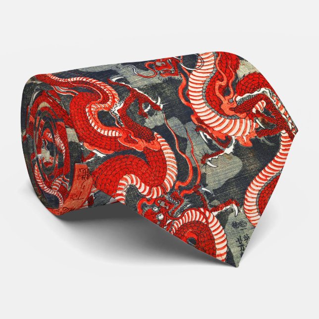 TWO DRAGONS JAPANESE WOODCUT IN RED BLACK WHITE NECK TIE (Rolled)