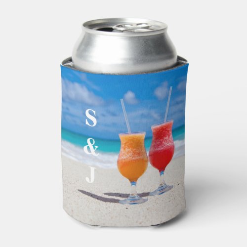 Two Drinks on the Beach Wedding Initials Can Cooler