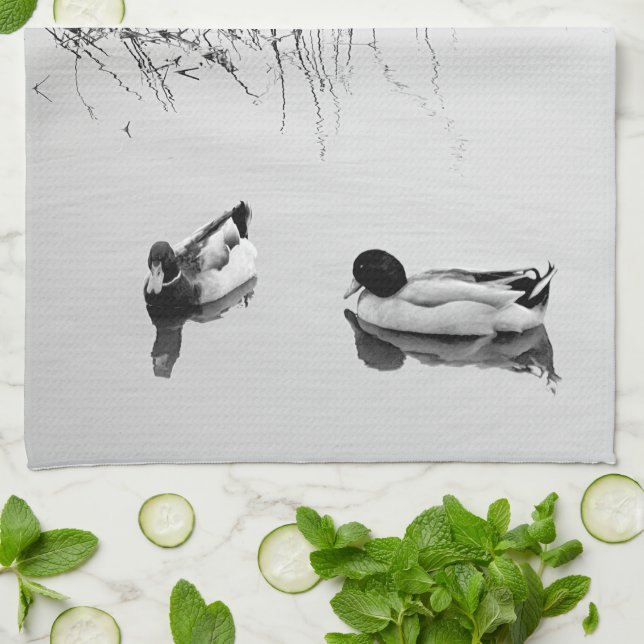 Two Ducks in Black and White Kitchen Towel (Folded)