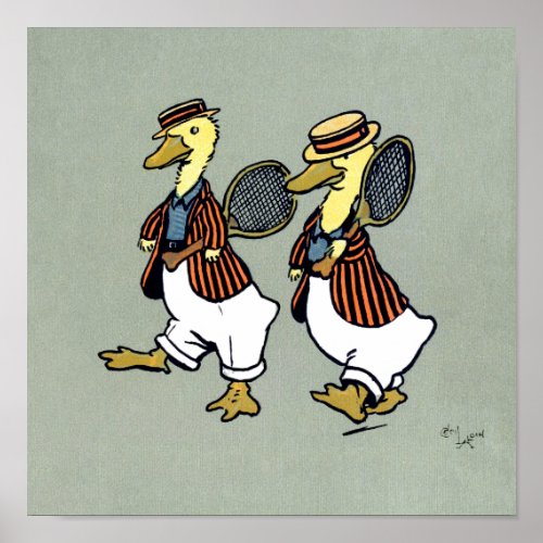 Two ducks with striped jackets and tennis rackets poster