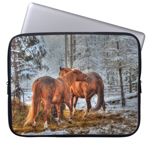 Two Dun Chestnut Horses Biting Fun Equine Photo Laptop Sleeve