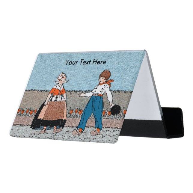 Two Dutch Children Wooden Shoes Red Tulips Blue Desk Business Card Holder (Angled Back)