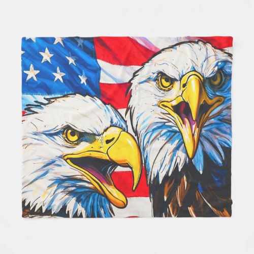 Two Eagles Talking _ US Flag and Bald Eagles Fleece Blanket