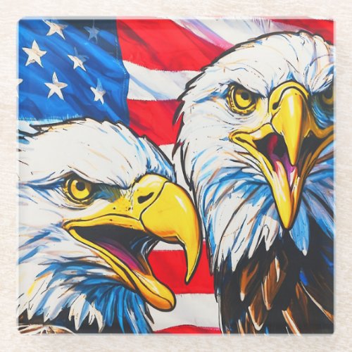 Two Eagles Talking _ US Flag and Bald Eagles Glass Coaster