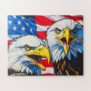 Two Eagles Talking - US Flag and Bald Eagles Jigsaw Puzzle