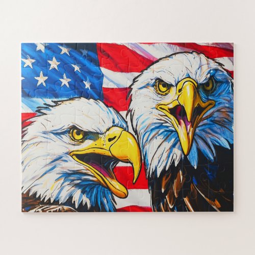 Two Eagles Talking _ US Flag and Bald Eagles Jigsaw Puzzle