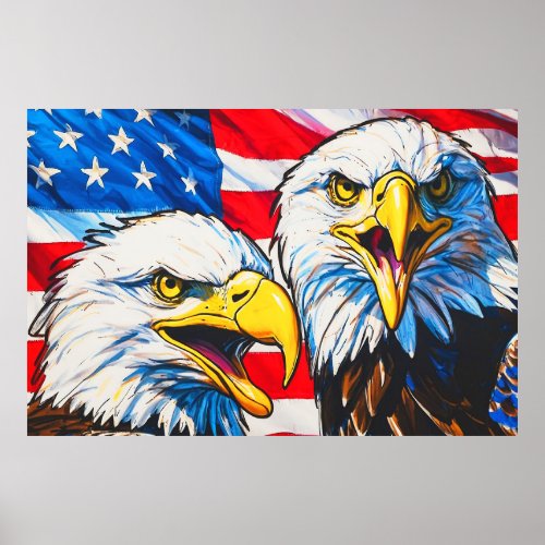 Two Eagles Talking _ US Flag and Bald Eagles Poster