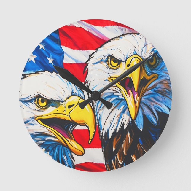Two Eagles Talking - US Flag and Bald Eagles Round Clock (Front)