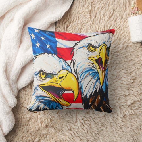 Two Eagles Talking _ US Flag and Bald Eagles Throw Pillow