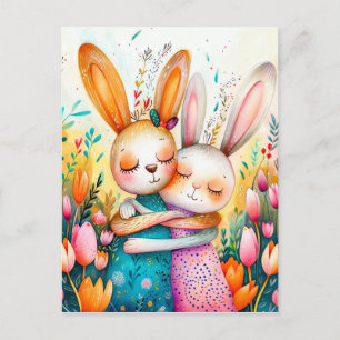 Two Easter Bunnies in Tulip Field Postcard