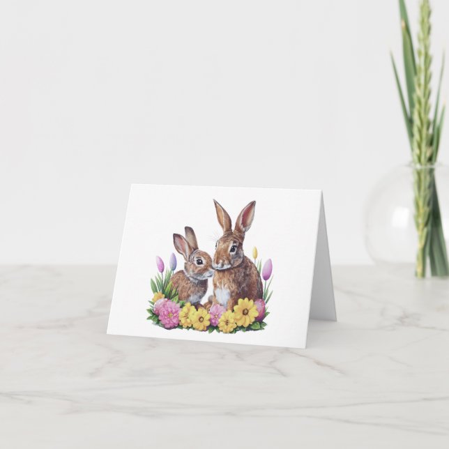 Two Easter Bunny Rabbits with Flowers BLANK  Card (Front)