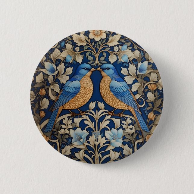 Two Elegant Blue Birds William Morris Inspired  Button (Front)