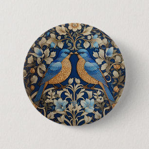 Two Elegant Blue Birds William Morris Inspired  Button
