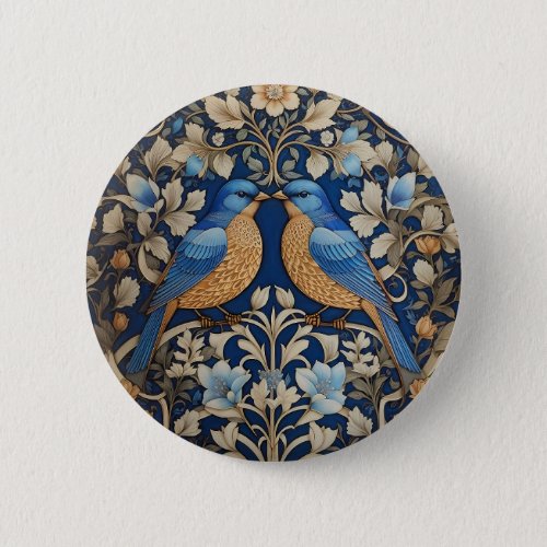 Two Elegant Blue Birds William Morris Inspired  Button