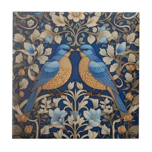 Two Elegant Blue Birds William Morris Inspired  Ceramic Tile