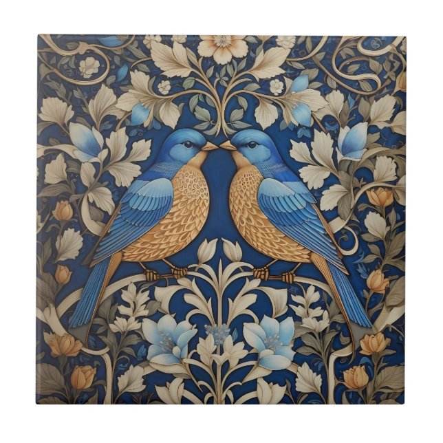 Two Elegant Blue Birds William Morris Inspired  Ceramic Tile (Front)