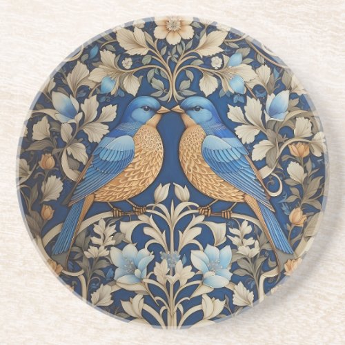 Two Elegant Blue Birds William Morris Inspired  Coaster