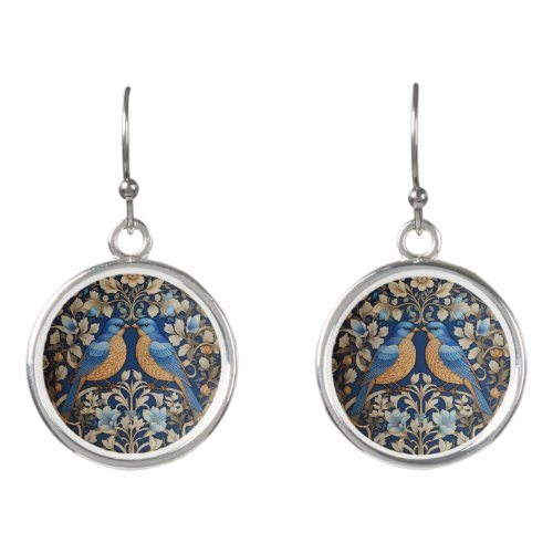 Two Elegant Blue Birds William Morris Inspired  Earrings