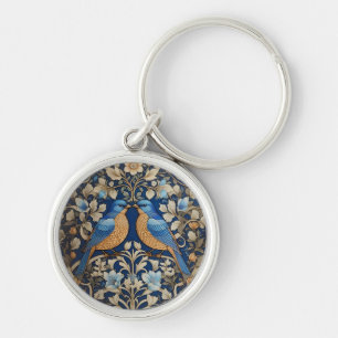 Two Elegant Blue Birds William Morris Inspired Keychain
