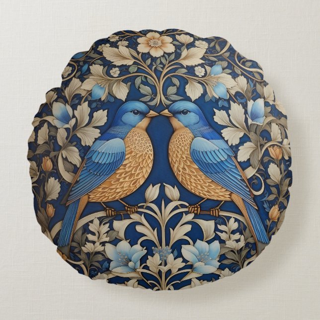 Two Elegant Blue Birds William Morris Inspired  Round Pillow (Front)