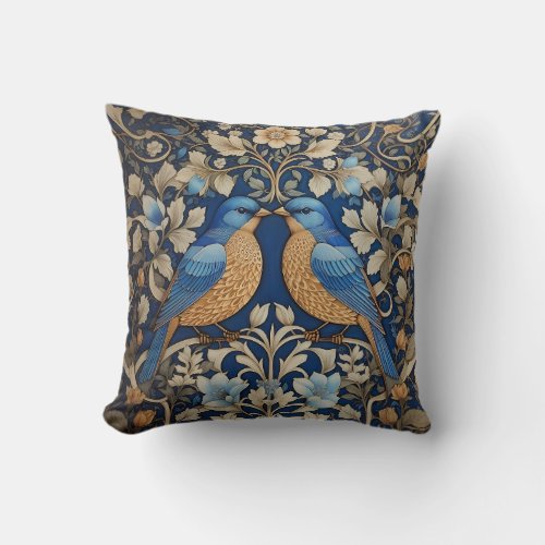 Two Elegant Blue Birds William Morris Inspired  Throw Pillow