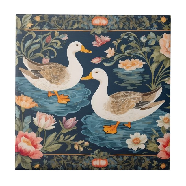 Two Elegant Ducks William Morris Inspired Ceramic Tile (Front)