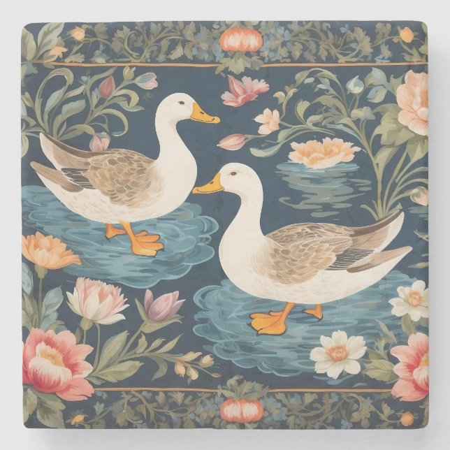 Two Elegant Ducks William Morris Inspired Stone Coaster (Front)