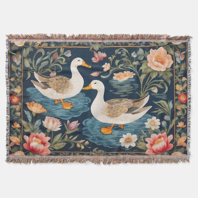 Two Elegant Ducks William Morris Inspired Throw Blanket (Front)