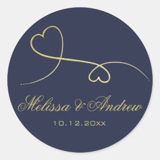 Two Elegant Gold Hearts  Personalized Blue Wedding Classic Round Sticker